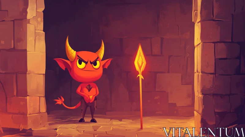 Fiery Cartoon Demon in Stone Dungeon