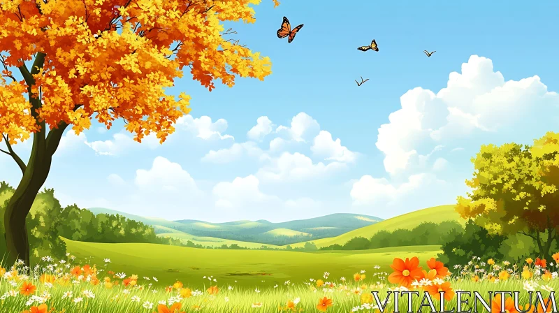 Peaceful Landscape with Butterflies