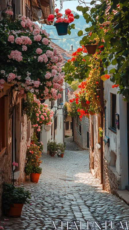 Floral Alleyway with Stone Path