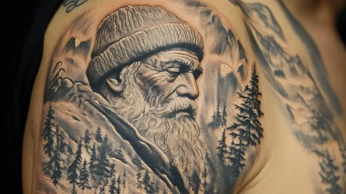 Tattoo Featuring Old Man with Mountain and Forest Background