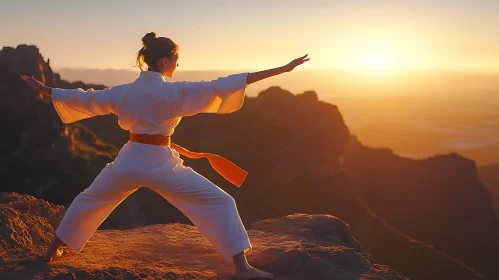 Woman Practicing Karate at Sunset