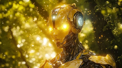 Futuristic Cyborg in a Sparkling Forest Scene