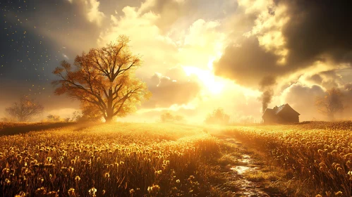 Sunlit Rural Landscape with House