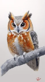 Owl Portrait Art on a Branch