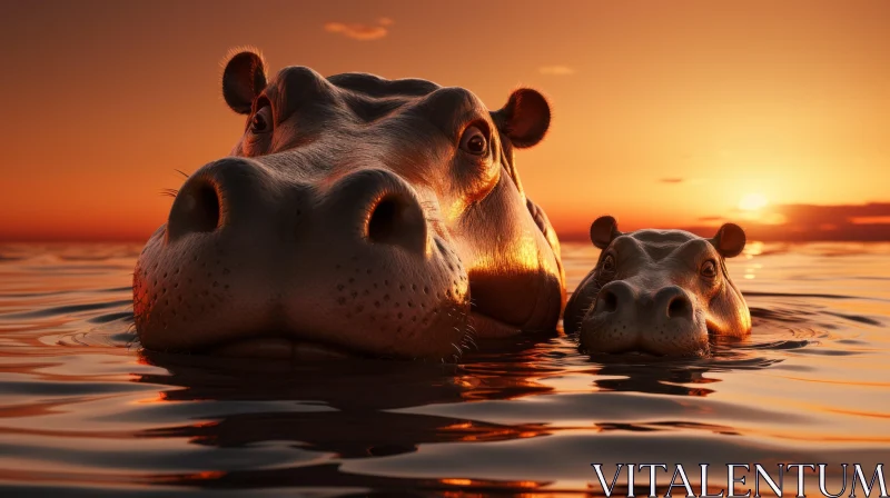 Captivating Sunset Scene with Hippos in Water AI Image