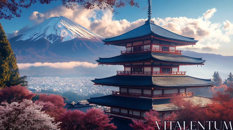 Japanese Pagoda with Mountain View