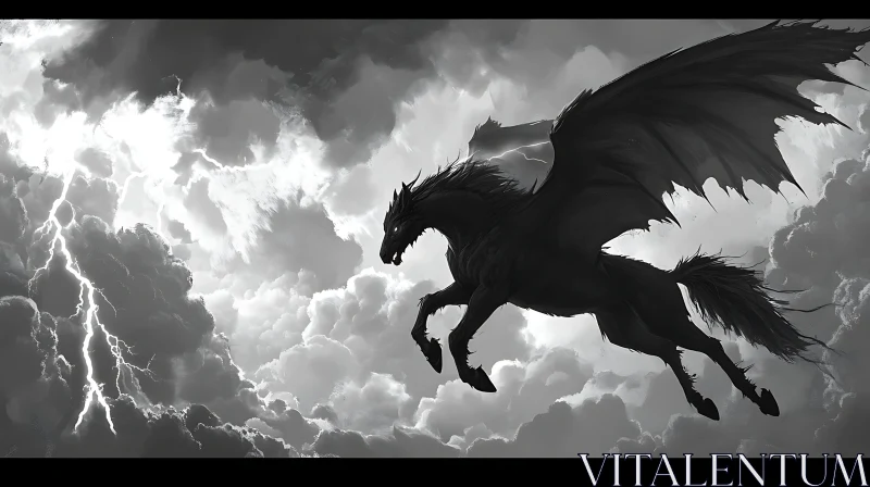 AI ART Winged Horse Amidst Thunderous Clouds
