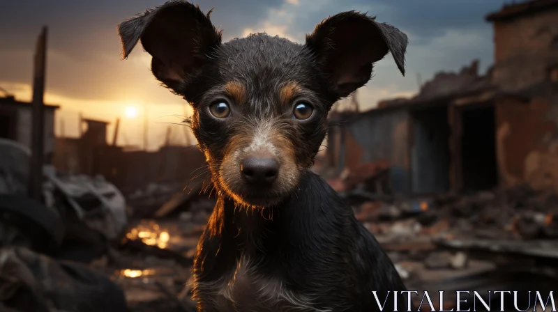 AI ART Dog Staring at Sunset amidst Wreckage: An Urban Fairy Tale