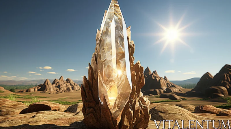 Emerald Crystal Sculpture in Golden Desert Landscape AI Image