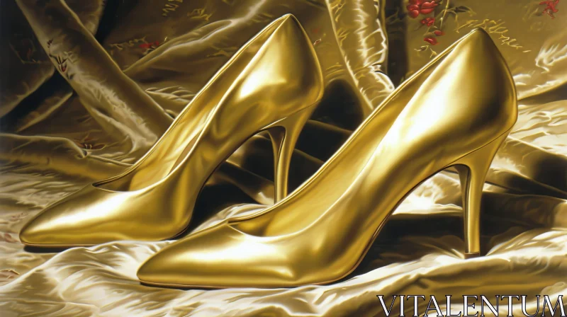 Exquisite Gold High Heels Painting on Silk Fabric AI Image