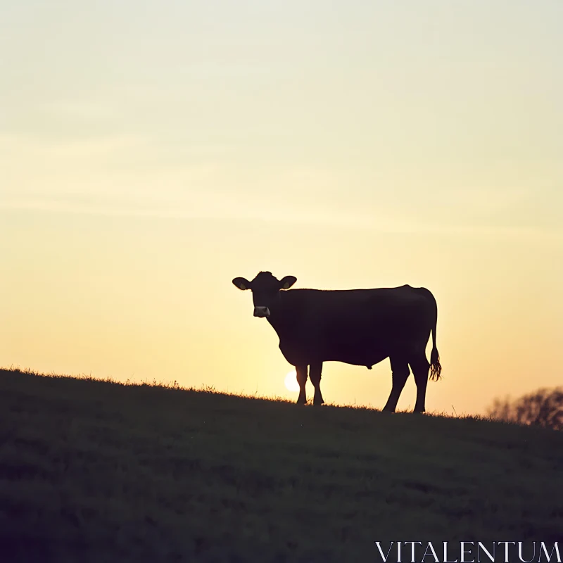 Sunset Cow Silhouette, Peaceful Field