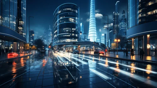 Futuristic City Street at Night with Reflective Buildings
