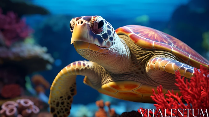 Sea Turtle Swimming Among Colorful Coral - Photorealistic Art AI Image