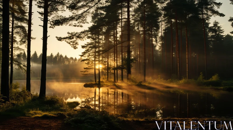 Sunrise Over Foggy Forest Lake: Atmospheric and Spiritual Landscape AI Image