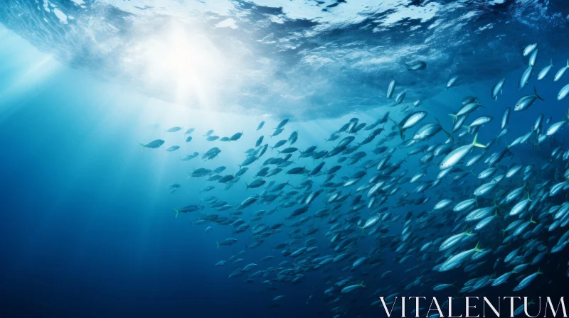 Underwater Sunlit Scene of School of Fish in Ocean Depths AI Image