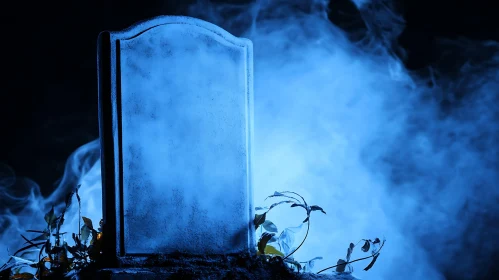 Mysterious Grave Marker in Blue Mist