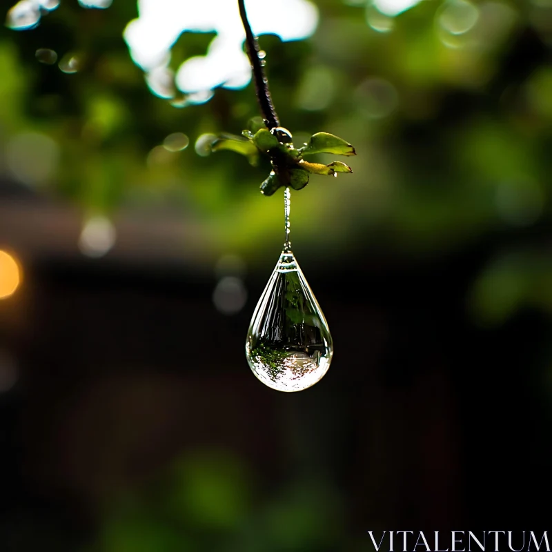 Macro Raindrop Hanging from Leaf AI Image