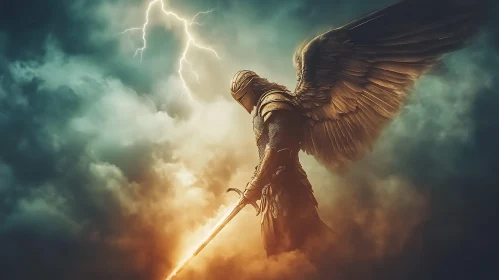 Angel with Sword in Cloudy Sky
