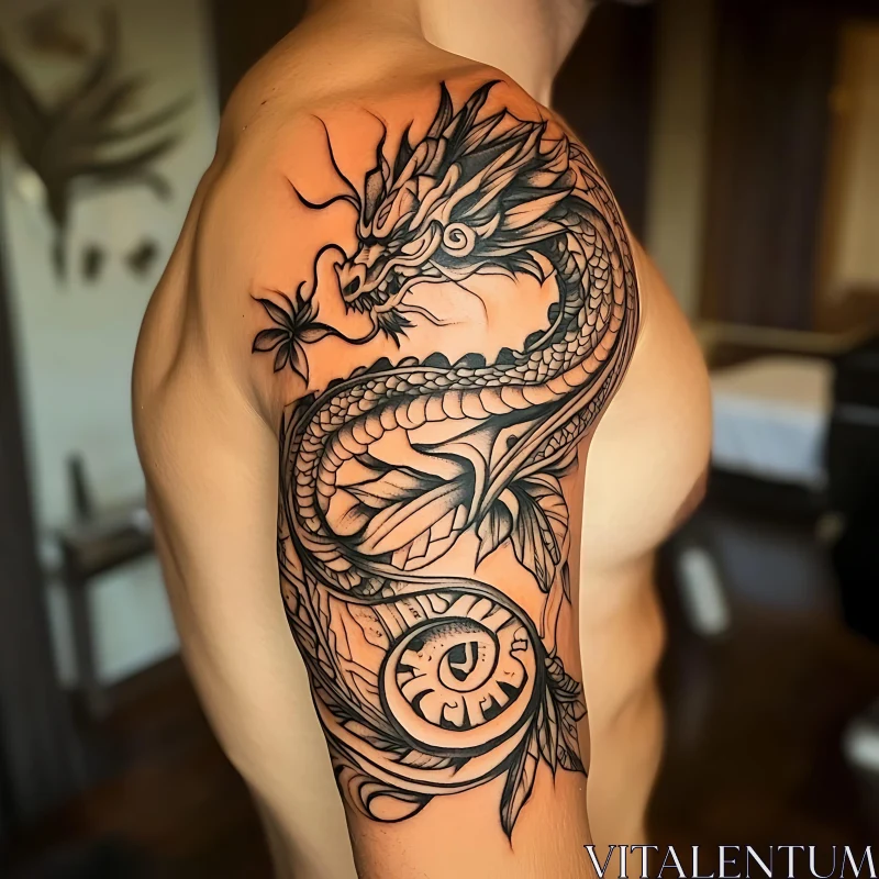 Detailed Black Ink Dragon Tattoo AI Image