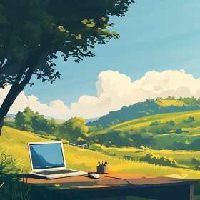 Laptop on Table with Landscape Background