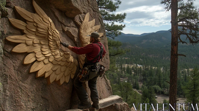 AI ART Winged Sculpture on Rocky Mountainside