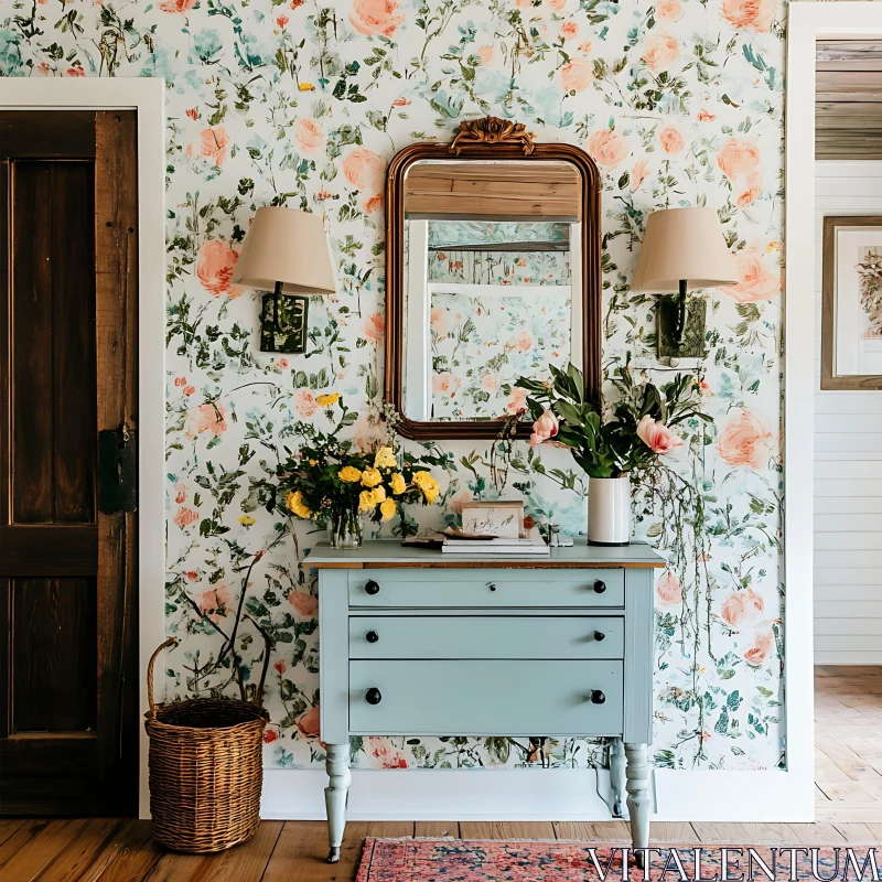 Floral Wallpaper and Blue Dresser AI Image