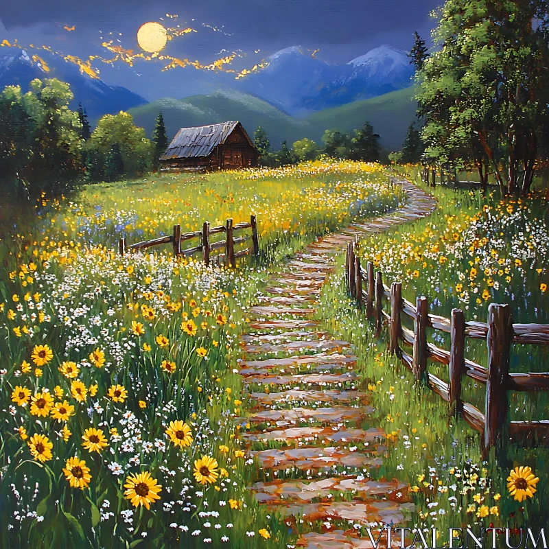 AI ART Moonlit Path Through Wildflower Meadow