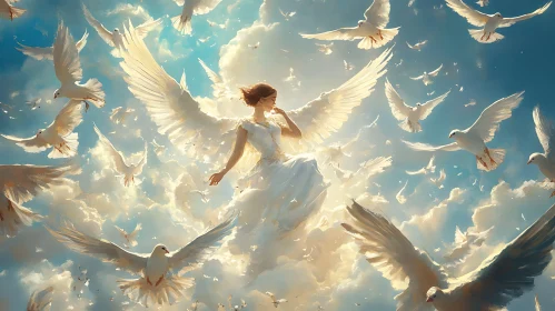 Ethereal Angel with Doves in Sky