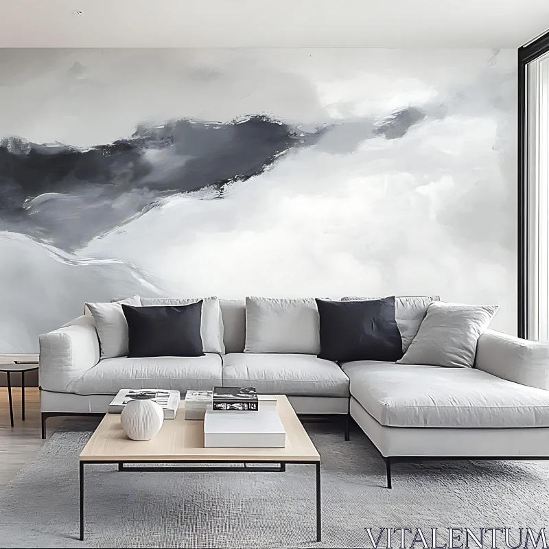 AI ART Sleek Living Room Interior with Art Deco Mural