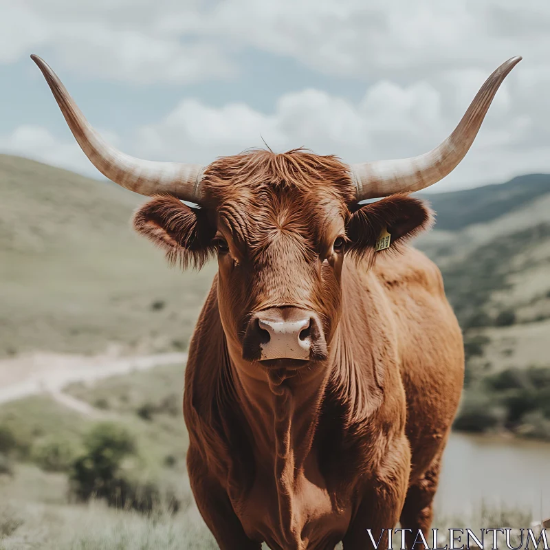 AI ART Brown Cow with Long Horns in Nature