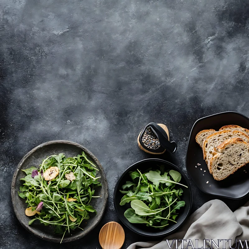 Simple Arugula Salad and Bread Display AI Image