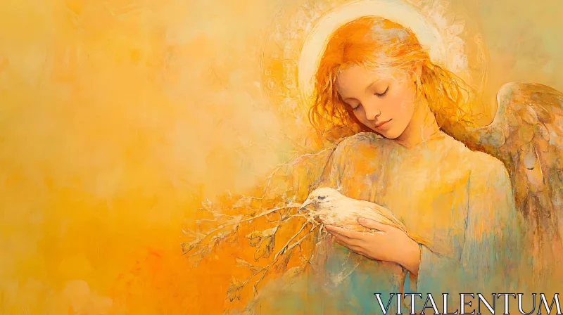 AI ART Golden Angel Holding Dove Illustration