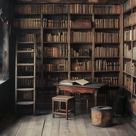 Old Wooden Library with Ladder