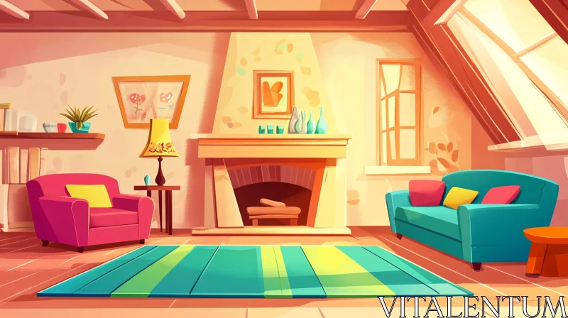 AI ART Cozy Cartoon Living Room with Fireplace