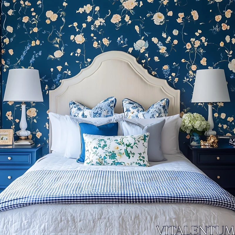 Cozy Bedroom Interior with Blue Floral Accents AI Image