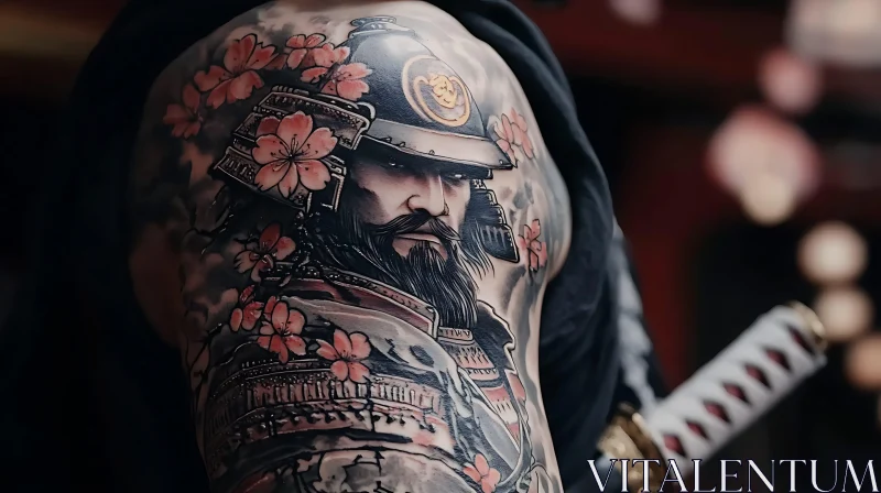 Samurai Warrior Arm Tattoo with Blossoms AI Image