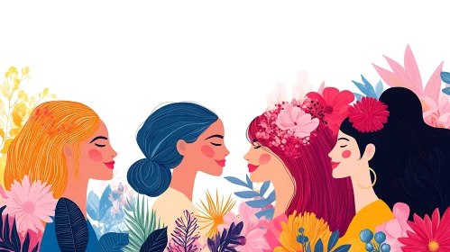 Four Female Friends with Floral Background