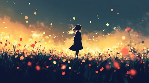 Silhouette in Golden Field of Flowers