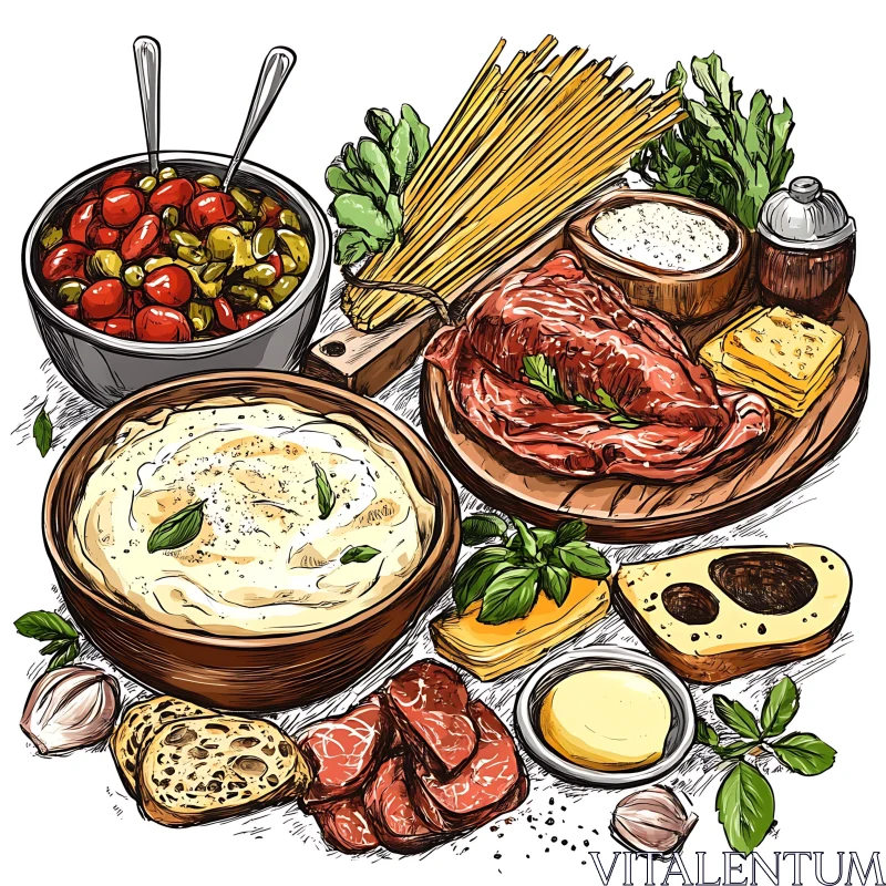 Illustrated Italian Cuisine Elements AI Image