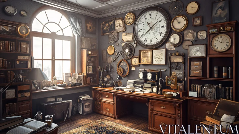 AI ART Antique Room Filled with Clocks and Books