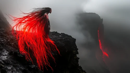 Red Figure in Misty Landscape