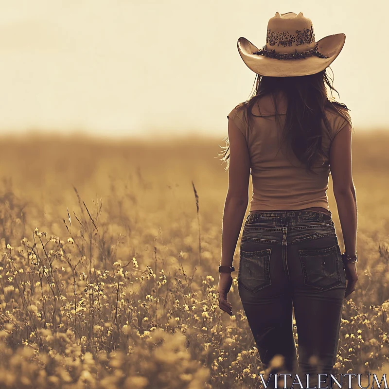 Woman with Cowboy Hat in Meadow AI Image