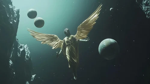 Golden Winged Angel Among Planets