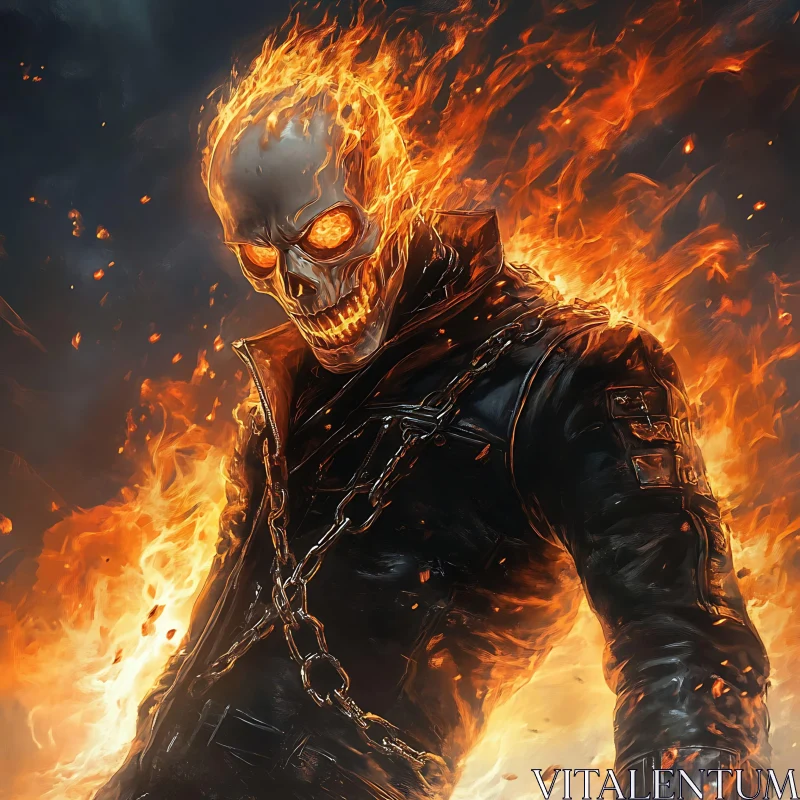 AI ART Flaming Skull Character in Black Leather