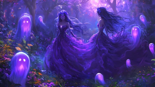 Mystical Purple Forest with Ghostly Women