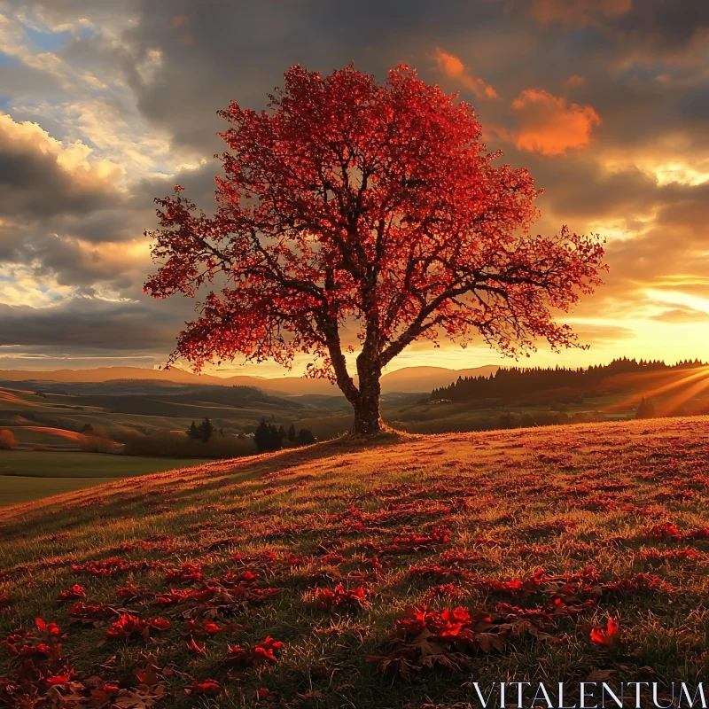 AI ART Red Tree on Hill at Sunset