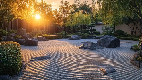 Serene Japanese Garden with Raked Sand