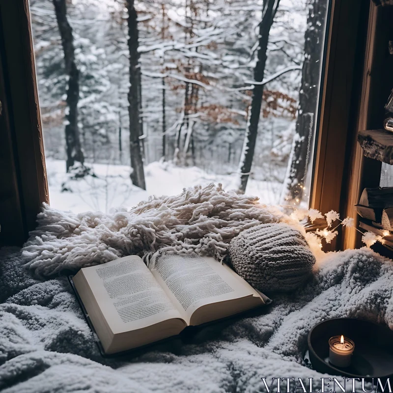 AI ART Cozy Winter Window Reading Scene