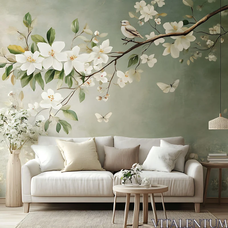 AI ART Peaceful Interior with Floral Wallpaper and Sofa