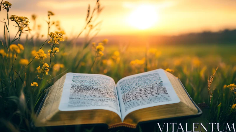 Open Book and Wildflowers at Dusk AI Image